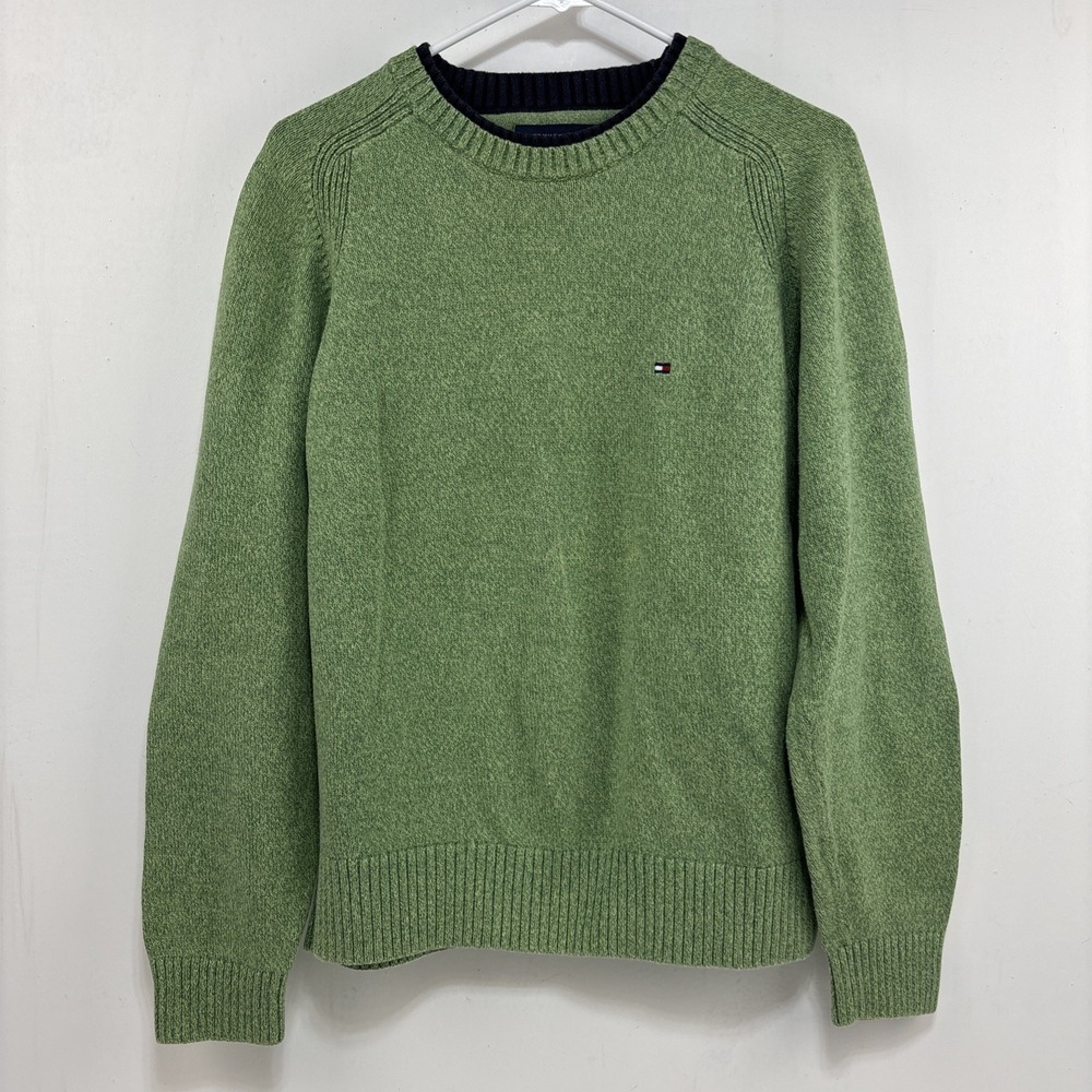 Tommy Hilfiger Mens Size L Light Green Crewneck Sweater Ribbed Hem Logo Cotton‎